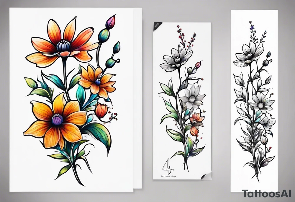 small long stem wildflower bouquet across foot tattoo idea