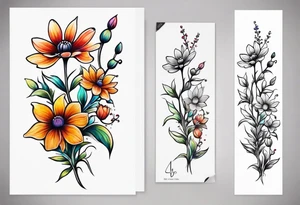 small long stem wildflower bouquet across foot tattoo idea