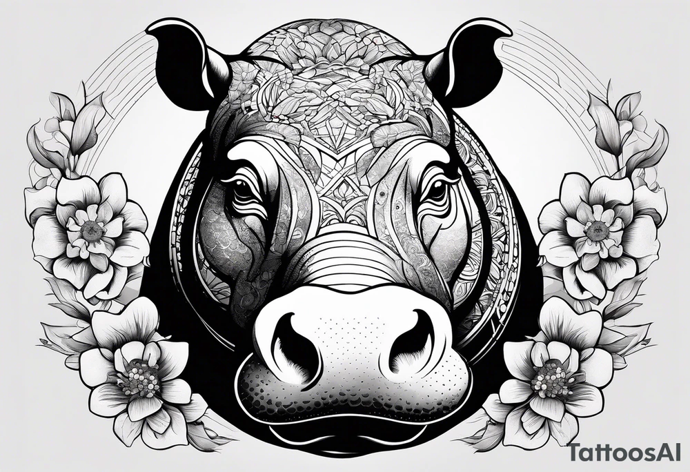 A symbolic hippo head with a detailed realistic full moon on upper right corner and wintersweet flower on lower left corner, looking like a totem tattoo idea