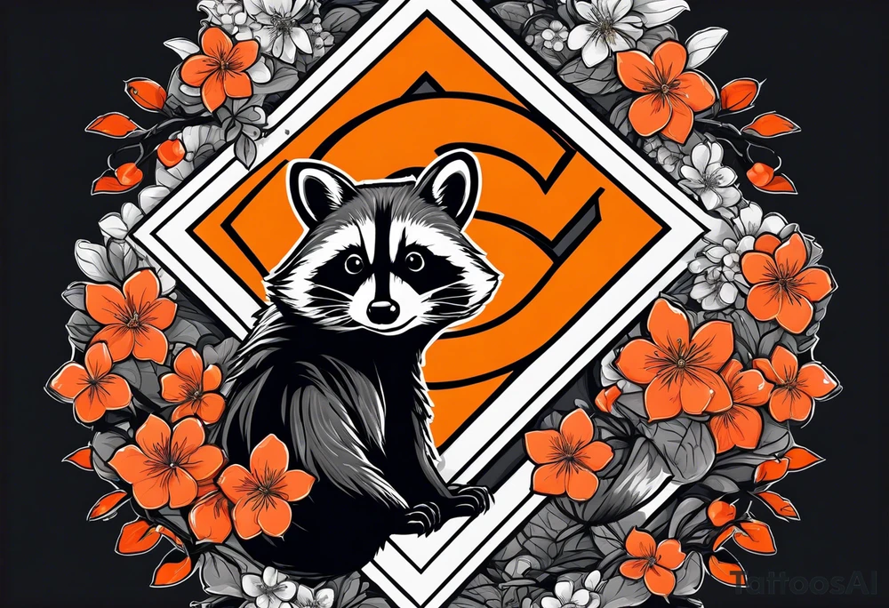 Raccoon wearing a white Superman logo on a black hoodie and orange Japanese cherry blossoms tattoo idea