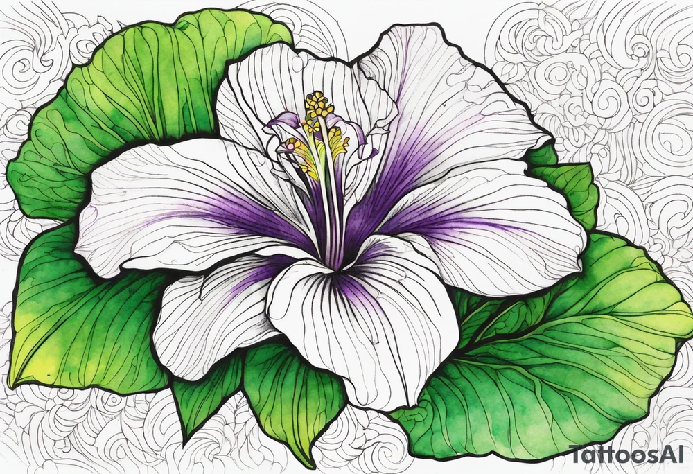 An outline of a rio dipladenia flower with a green and purple watercolor background tattoo idea