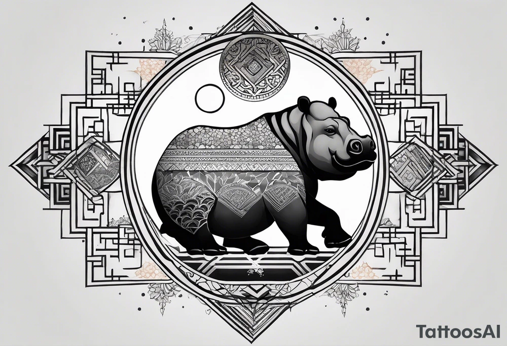 Very asymmetrical, +geometric pattern, with realistic full moon, with hippo at side look, +zen feel, + Buddhism touch, +tribal, +geometric, +inkart , +blackwork
with wintersweet flower bud, +portrait orientation, +inkart touch, tattoo idea