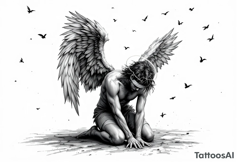 fallen angel on knees down head looking nonsense dropped hands on ground, 
Blindfold,
While his grateful half opened wings scattered in the sky,
With shining halo tattoo idea