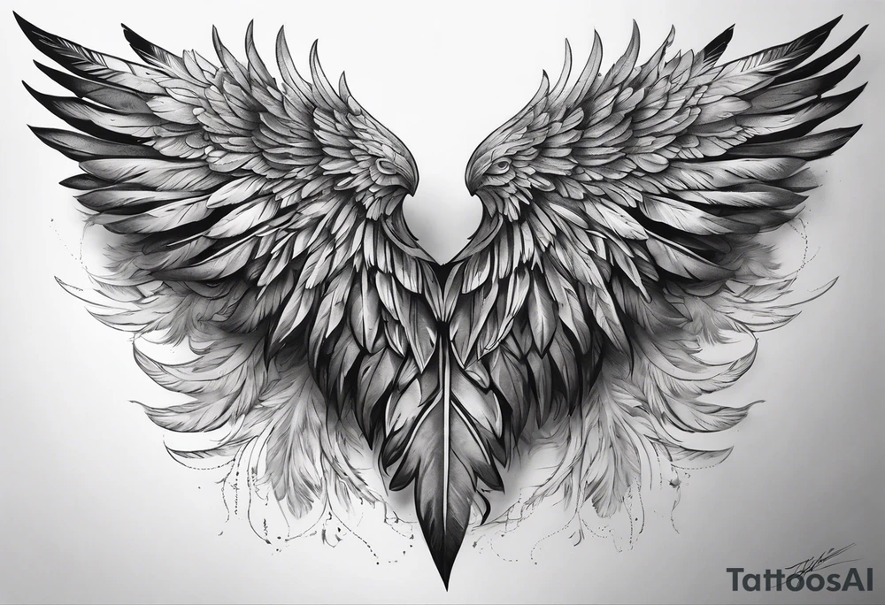 wings tattoo extending from a mens shoulders, covering the upper arms and upper back. The feathers are intricately detailed, with soft shading in black and gray to create depth and texture. tattoo idea