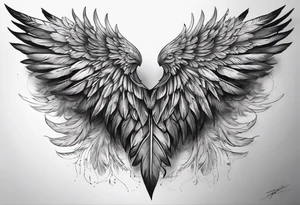 wings tattoo extending from a mens shoulders, covering the upper arms and upper back. The feathers are intricately detailed, with soft shading in black and gray to create depth and texture. tattoo idea