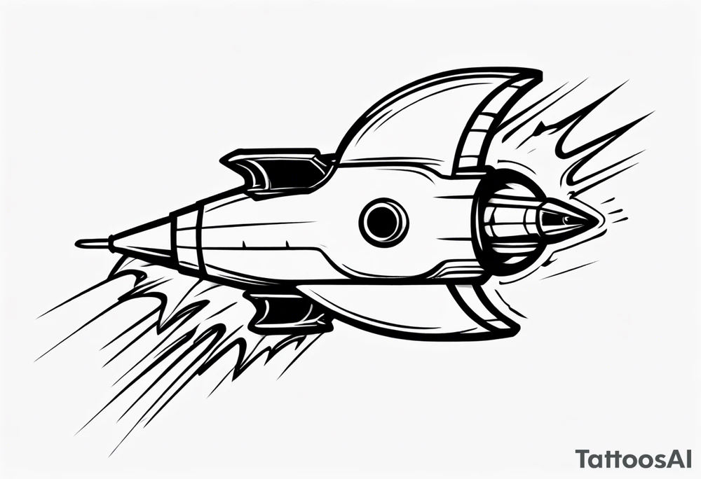 Super simple cartoon rocket ship with a round window, 3 fins, and fire coming out the bottom

Add some shading and detail to make less basic tattoo idea