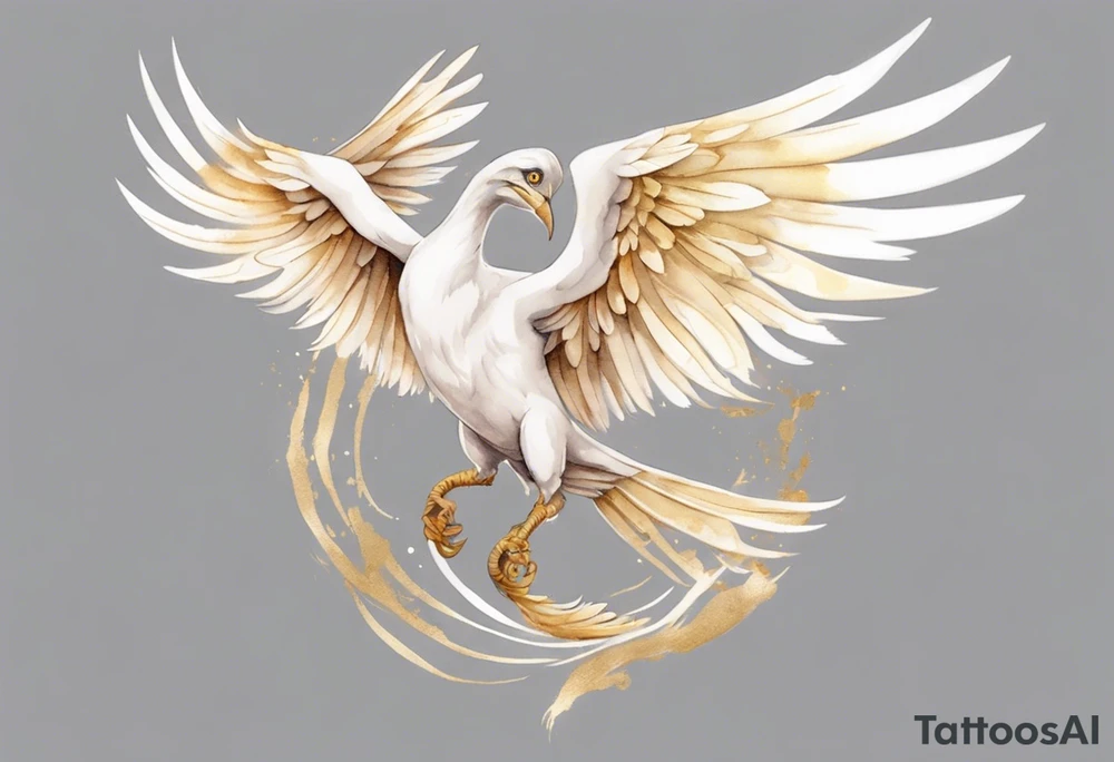 a watercolor of a white bird-serpent hybrid wearing a plain crown, with light gold wing feathers, flying in the sky tattoo idea