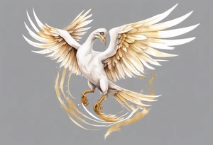a watercolor of a white bird-serpent hybrid wearing a plain crown, with light gold wing feathers, flying in the sky tattoo idea