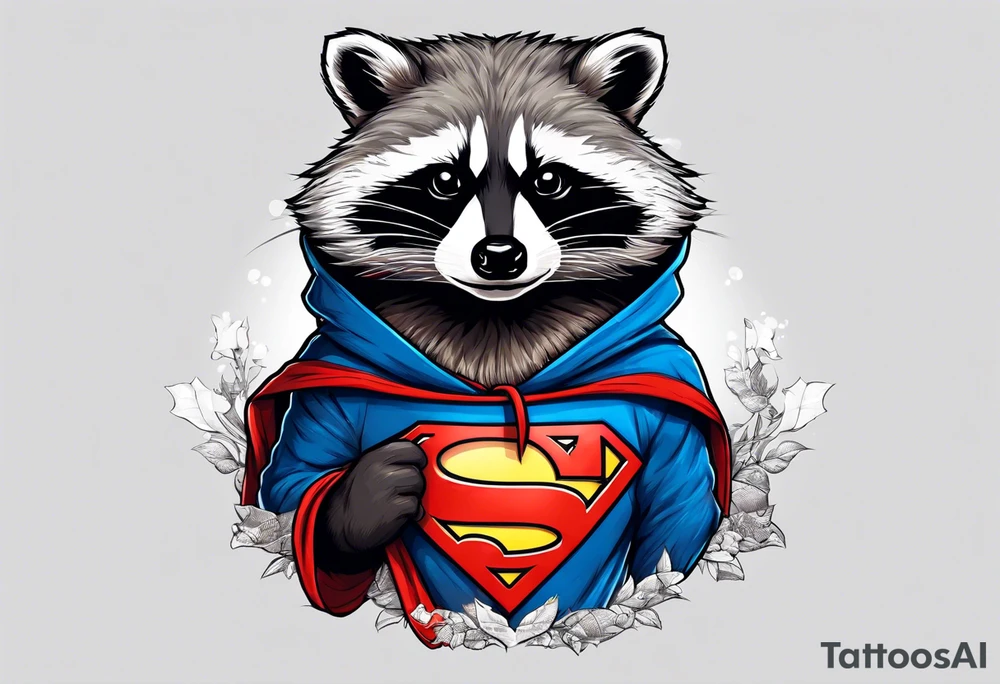 raccoon wearing a Superman hoodie tattoo idea