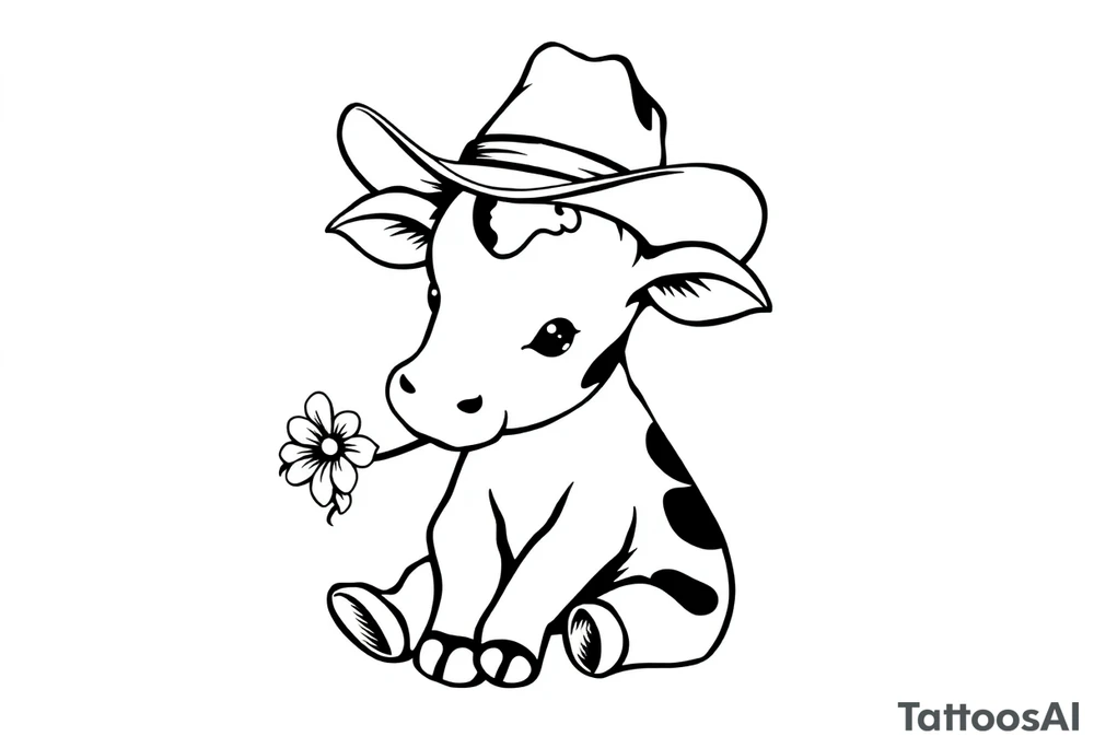 cute black and white baby cow sitting wearing a cowboy hat with a flower in mouth tattoo idea