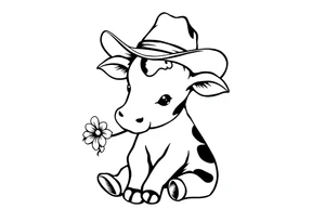 cute black and white baby cow sitting wearing a cowboy hat with a flower in mouth tattoo idea