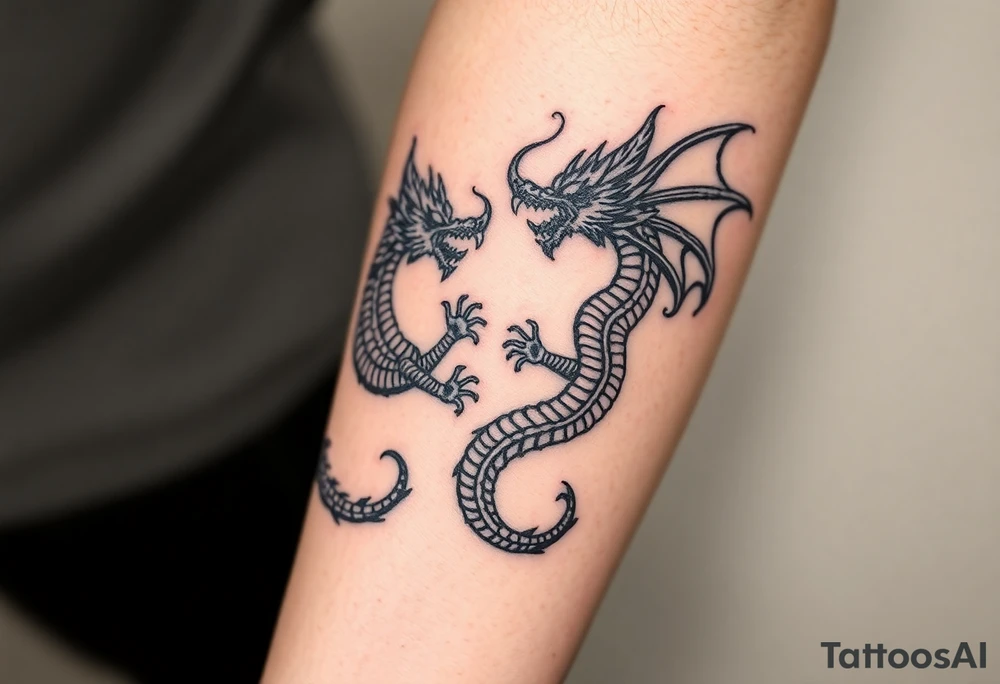 2 dragons symbolizing inner conflict, covering whole forearm tattoo idea