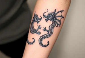 2 dragons symbolizing inner conflict, covering whole forearm tattoo idea