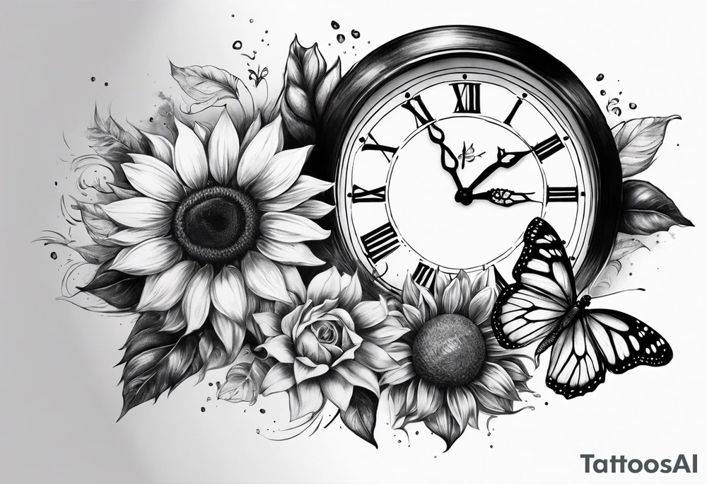 Sleeve with clock, sunflower and butterfly tattoo idea