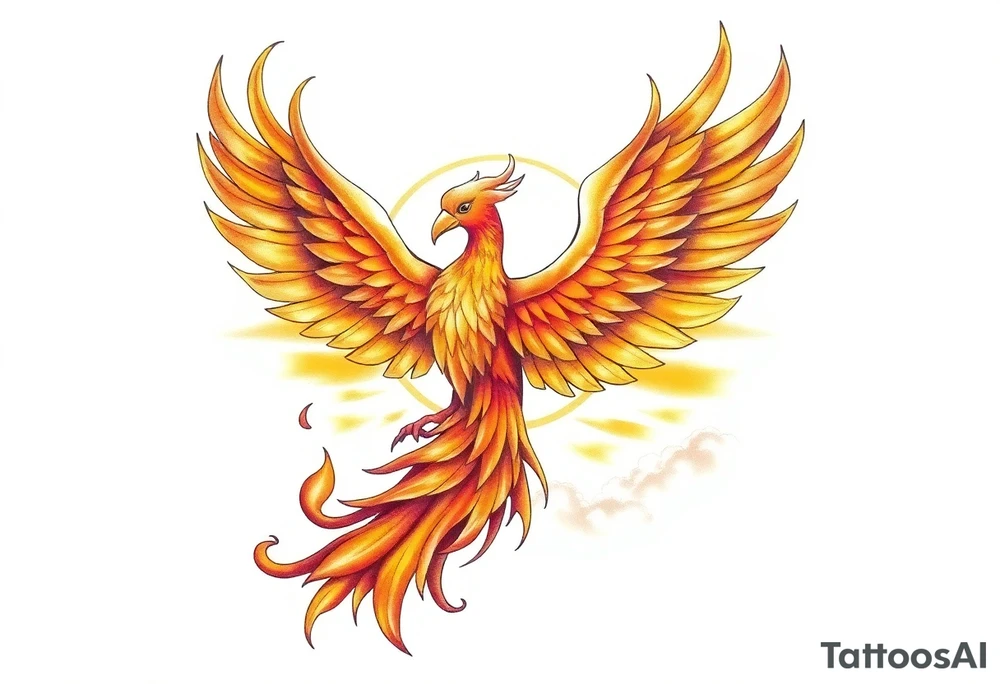 magnificent phoenix rising from flames with trailing embers pinks golds orange and yellows with a golden sunset and sky with puffy clouds and heaven backdrop tattoo idea