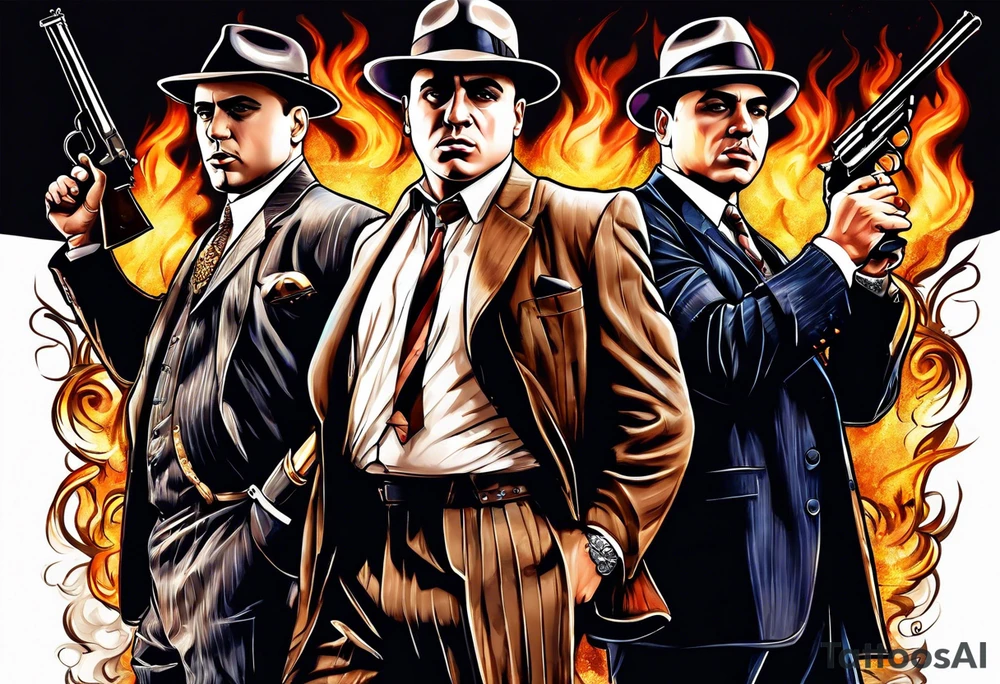 group of gangsters  with bonnie & clyde with Al Capone and machine gunns with smoke and fire tattoo idea
