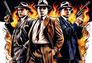 group of gangsters  with bonnie & clyde with Al Capone and machine gunns with smoke and fire tattoo idea