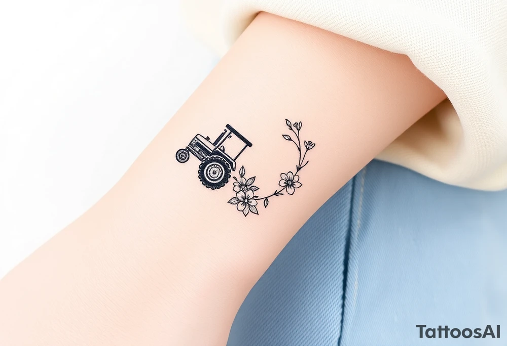 A bracelet that includes a very small tractor and bouquet flowers tattoo idea