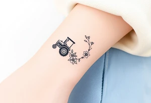 A bracelet that includes a very small tractor and bouquet flowers tattoo idea