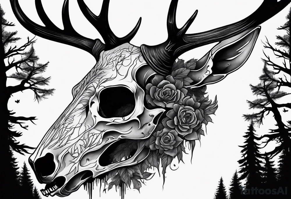 A SCARY side view of a decayed deer skull NO SKIN JUST BONE surrounded by a forest fire in background tattoo idea