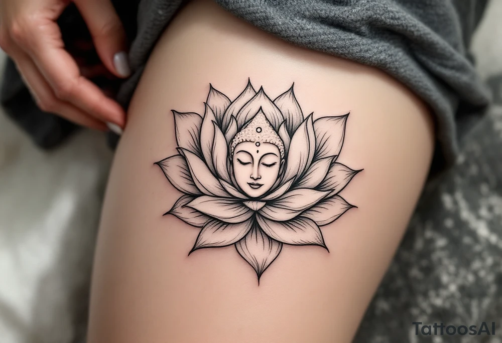 "Sacred Circle of the Lotus" – A delicate lotus flower in a circle shape, with the petals soft and flowing outward. In the center, a subtle Buddha's face or a small Om symbol to represent inner peace and enlightenment. tattoo idea