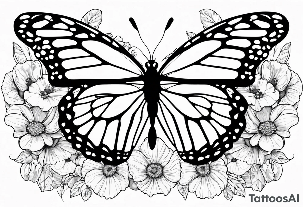 Create a black and white fine line tattoo design of a monarch butterfly, with poppy flowers exclusively inside the top halves of the wings. The butterfly’s wings should act as a frame for the flowers, clearly showing the flowers within the outline of the wings. The design should feature minimalistic and elegant lines, with intricate details on the flowers, while the bottom halves of the wings should remain simple to highlight the top sections. tattoo idea