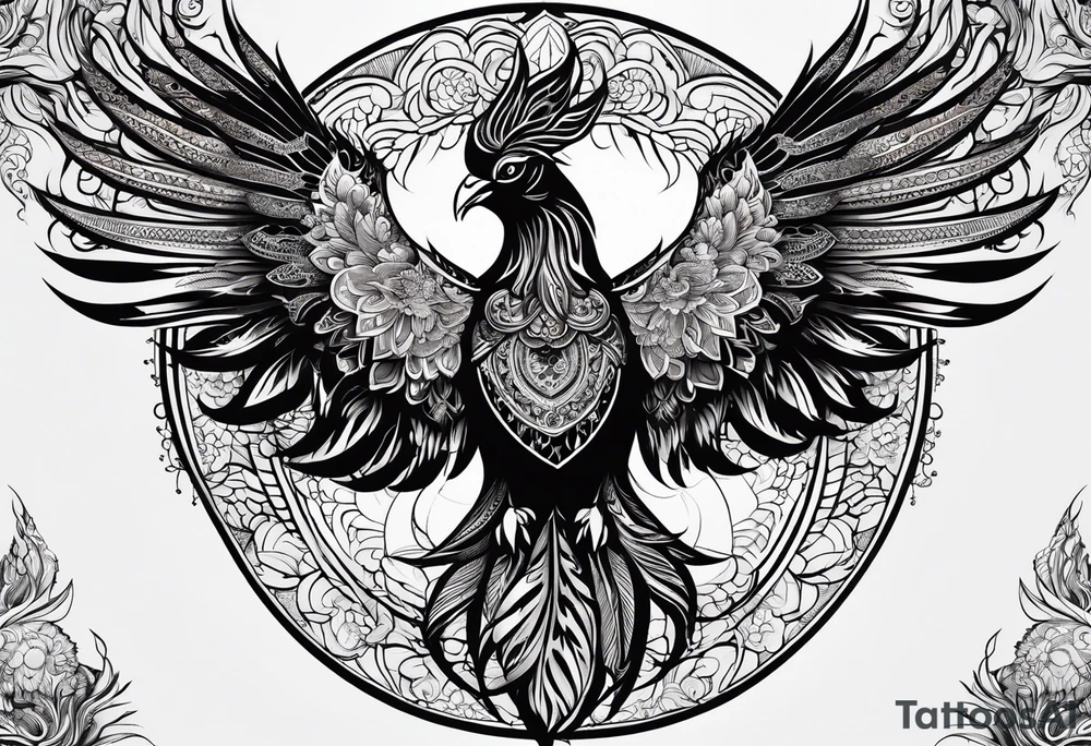 Tribal bohemian feminine impowering Phoenix rising with smoke, mandala sun, floral, lace background tattoo idea