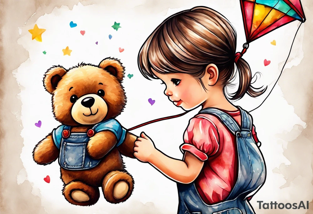 back image of a little girl in a dress, holding a kite , a teddy bear in overalls, standing beside her tattoo idea