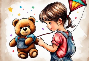 back image of a little girl in a dress, holding a kite , a teddy bear in overalls, standing beside her tattoo idea