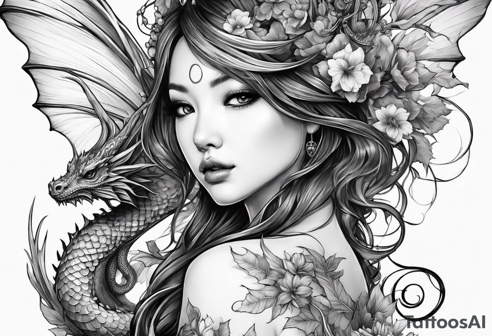fairy nymph with a dragon friend tattoo idea