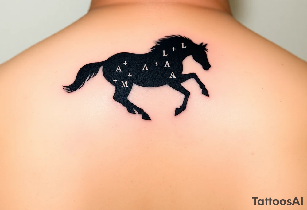 horse silhouette 
from the front which gallops from the front, with the 3 small letters discreetly integrated: L, A, M tattoo idea
