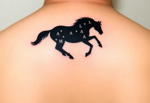 horse silhouette 
from the front which gallops from the front, with the 3 small letters discreetly integrated: L, A, M tattoo idea