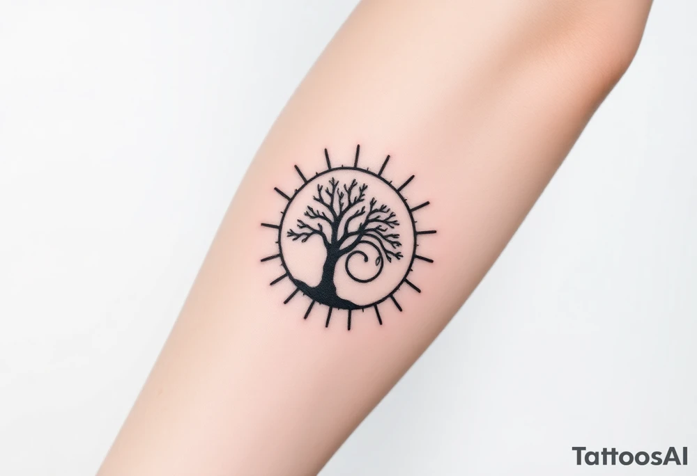 Tree inside of a spiral Fibonacci spiral sun tattoo idea