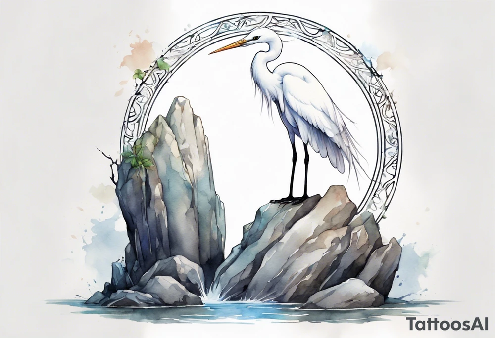 a white egret wearing a plain iron diadem, standing on a stone throne tattoo idea