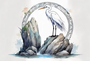 a white egret wearing a plain iron diadem, standing on a stone throne tattoo idea