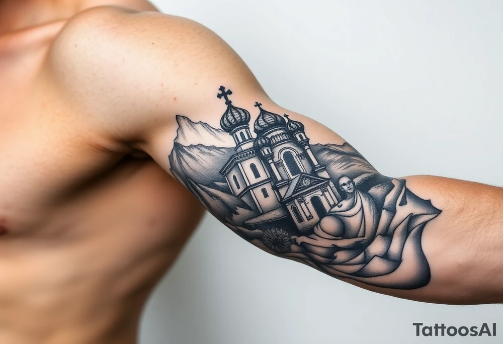 russian orthodox christian left arm tattoo with st basils cathederal in a mountainous setting with a russian coat of arms tattoo idea