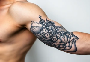 russian orthodox christian left arm tattoo with st basils cathederal in a mountainous setting with a russian coat of arms tattoo idea