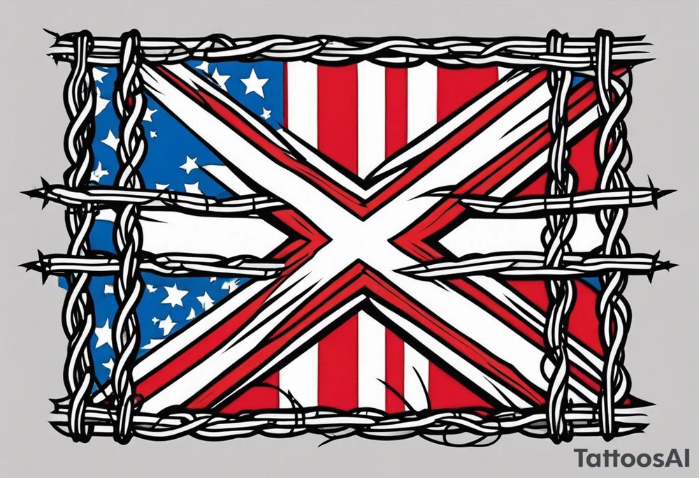 Rebel flag caught between 2 bands of barbed wire tattoo idea