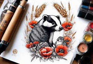 A British wildlife sleeve, with a badger, squirrel, falcon and field mice with poppys and wheat tattoo idea