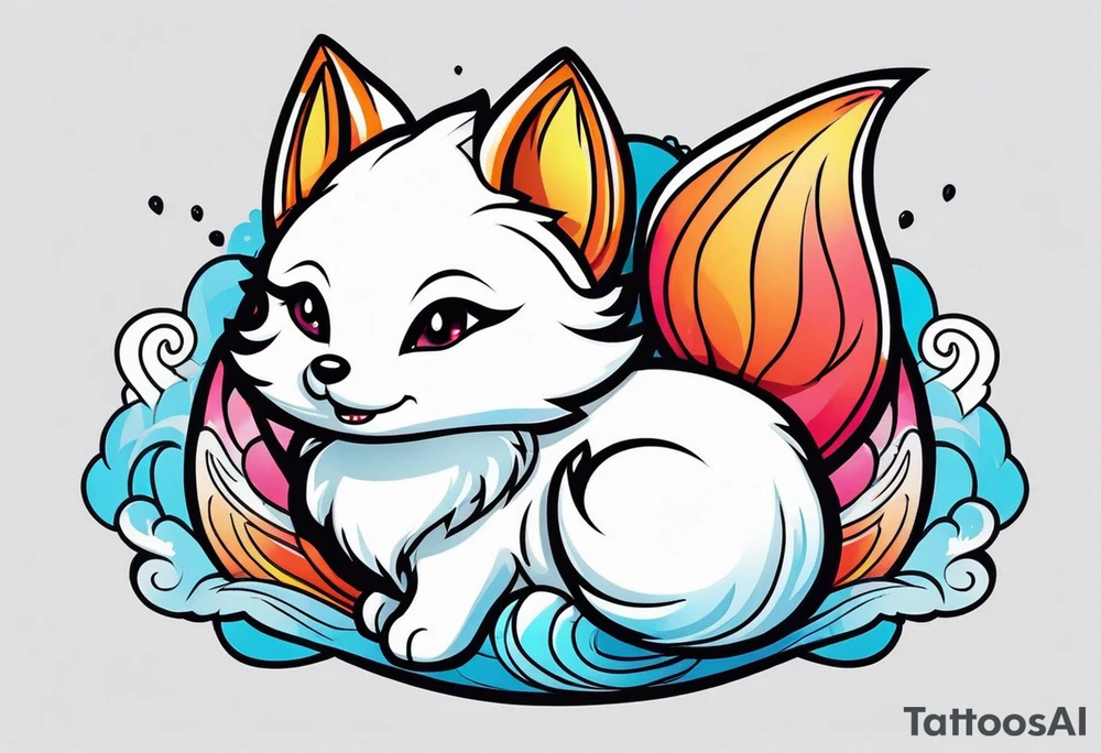 Cute white mini kitsune with three tails tattoo idea