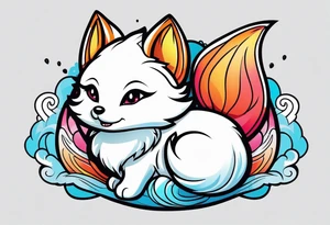 Cute white mini kitsune with three tails tattoo idea