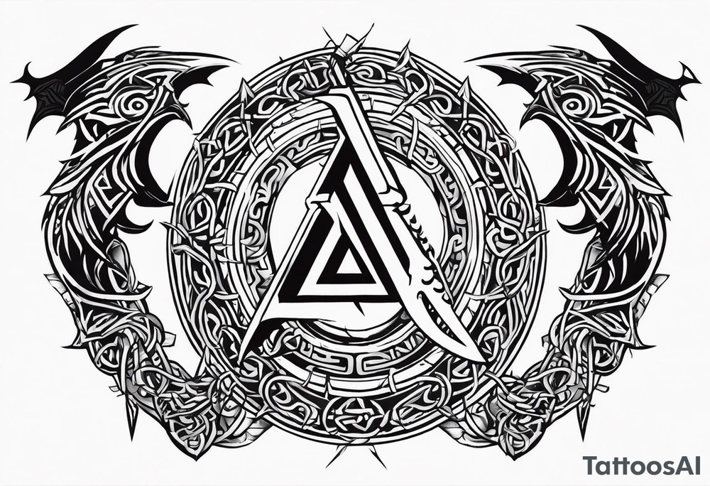 Valhalla sword shield dragon axe Valknut barbed wire chains tribal tattoo idea