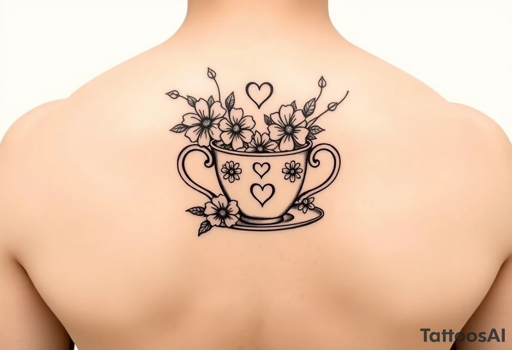Cute tea cup with flowers and love hearts tattoo idea