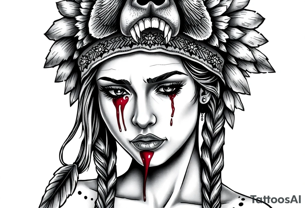 Beautiful Womans shedding a tear, with battle scars and blood on face, wearing a mean looking bear headdress on head tattoo idea