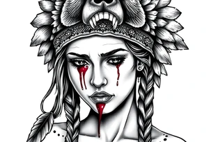 Beautiful Womans shedding a tear, with battle scars and blood on face, wearing a mean looking bear headdress on head tattoo idea