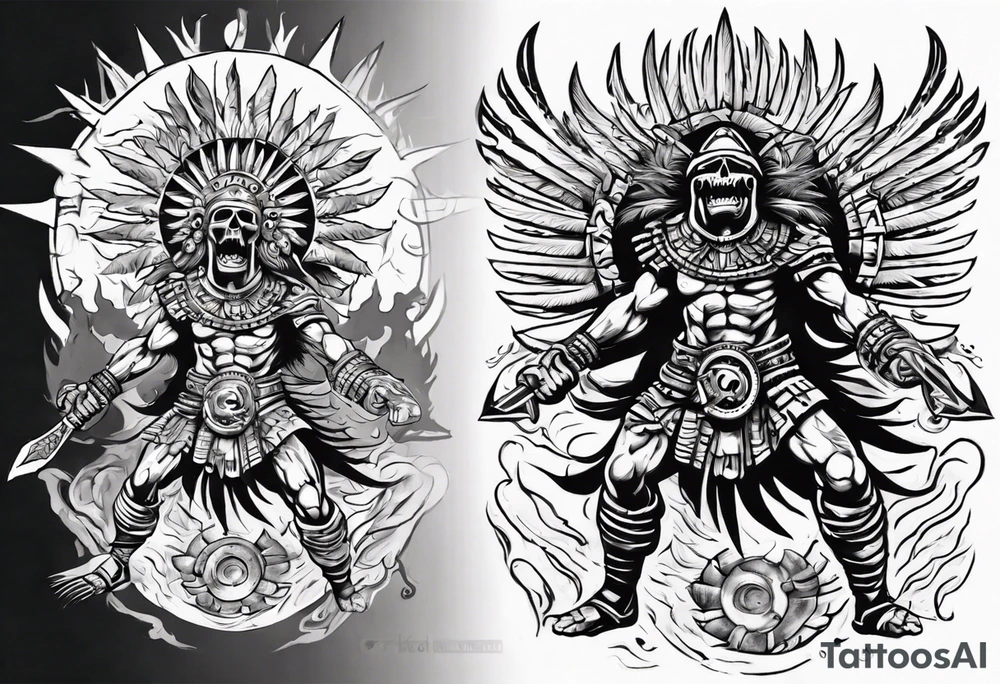 aztec death god warrior fighting as the sun in going in the air tattoo idea