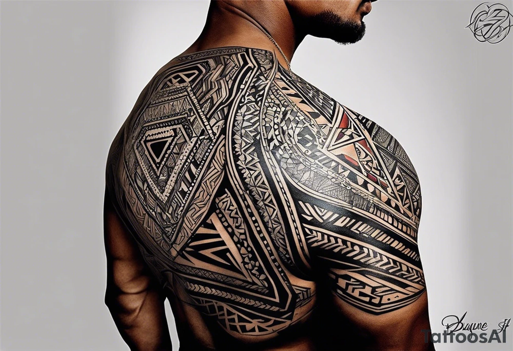 To describe your tattoo idea effectively in the AI tool, here’s a detailed suggestion for the description box:

“I want a tribal-style tattoo inspired by Dwayne ‘The Rock’ Johnson’s design, incorporating bold, flowing lines and geometric patterns. However, the design should reflect a unique identity blending African, Sudanese, and Arab-Sudanese cultural influences. Include elements like:
	•	Nubian geometric patterns: Triangles, diamonds, or zigzags symbolizing harmony and community.
	•	Arabic calligraphy: Subtly woven into the design, with meaningful phrases or blessings.
	•	African tribal motifs: Animal representations (like lions or hawks for strength and vision), Fang-inspired geometric symbols, or designs tied to nature and ancestry.
	•	Personal elements: Themes like the Nile River, the sun, or protective symbols.

The design should flow naturally across the arm, chest, or back, balancing intricate details with the bold aesthetic of Polynesian tattoos. tattoo idea