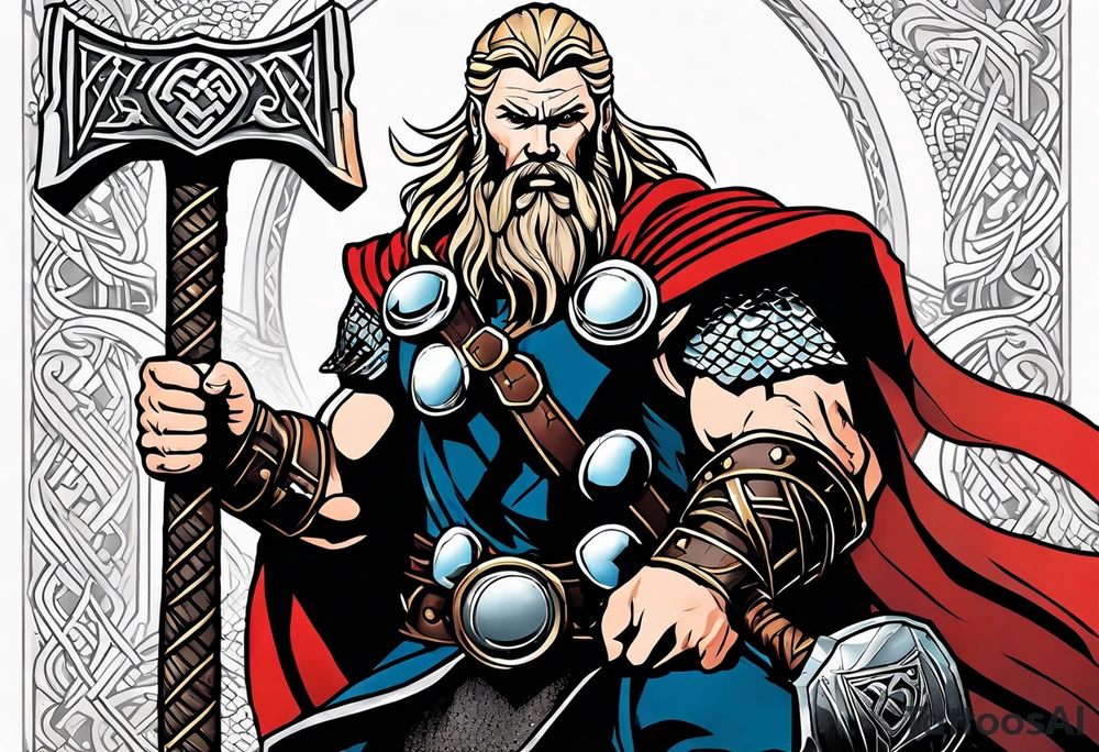 Thor with him holding mjolnir and a vignette of viking rune design tattoo idea