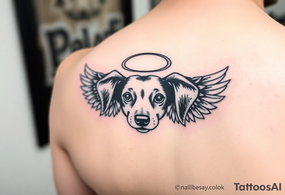 Dachshund ears with wings and halo tattoo idea