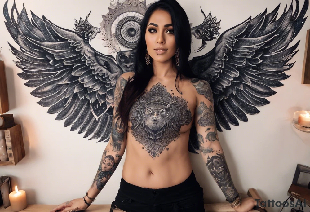 black kali, goddess pirate, alien, angel, pachamama, valkrye, warrior, flying, skull, lotus azul, wing, eagle, zenza resonance, stars, 5D, anahata chakra, death, durga, riding on a tiger, flying lady, chest tatoo tattoo idea